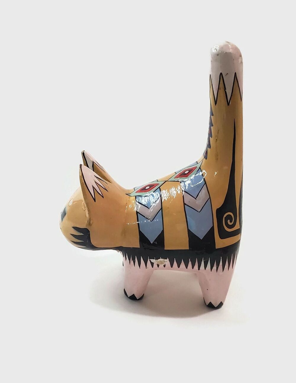 Papier Paper Mache Southwestern Design Folk Art Cat Figurine 2 Chipped Spots